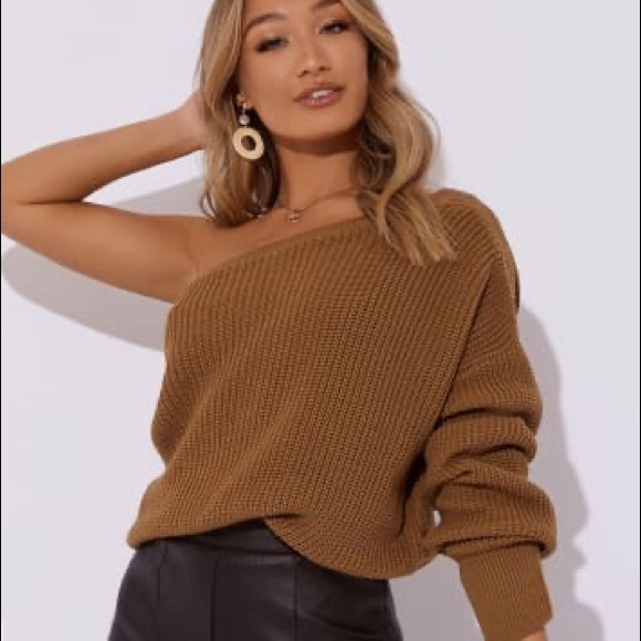 In The Style Sweaters - Brown One Shoulder Knitted Sweater
